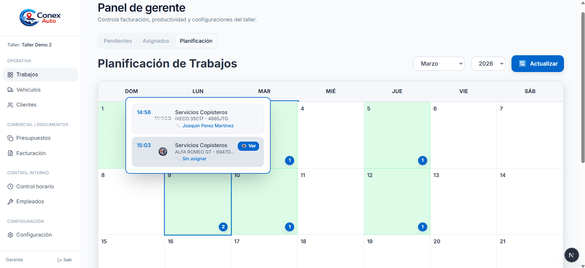 Calendario de planificación de trabajos de Conex Auto