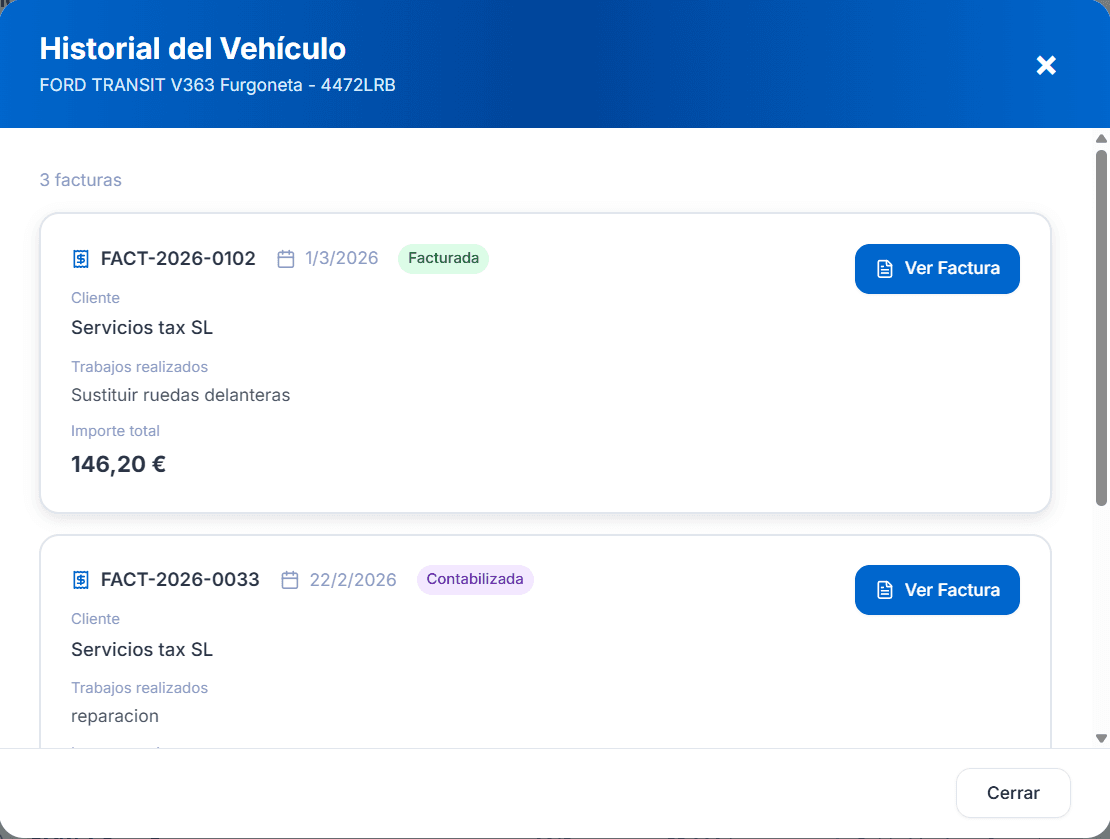Ejemplo real del historial de vehículo con facturas en Conex Auto